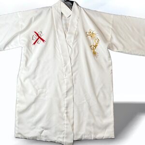 Vintage White Satin Dragon Kimono Robe Embroidered Gold Red Clouds Made in Japan